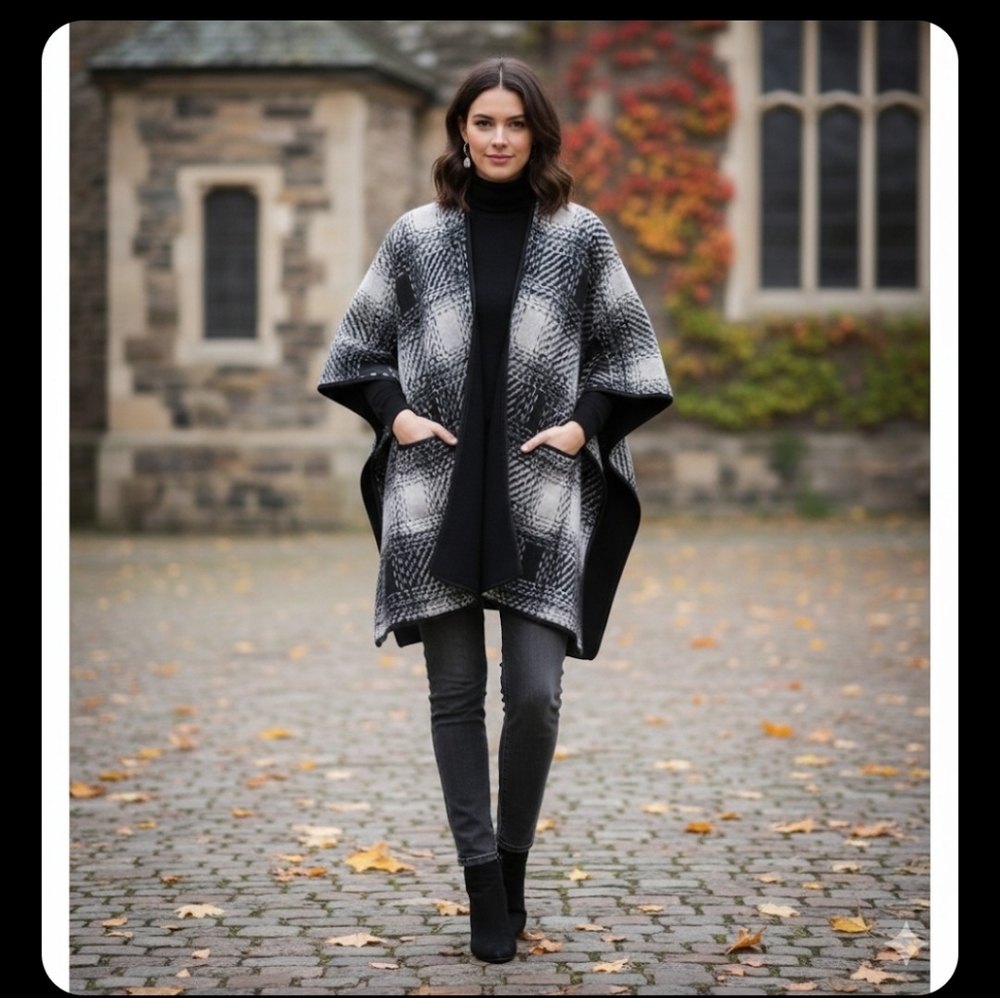 Black and White Plaid Open Poncho (60)